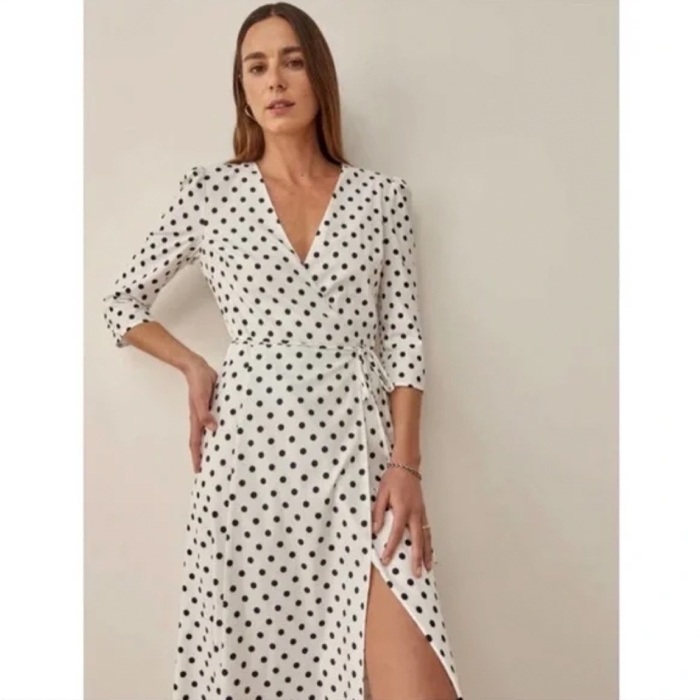 NEW Reformation Hilltop Midi Wrap Dress w/ Sleeves Polka Dot Malta Size S - Picture 4 of 14
